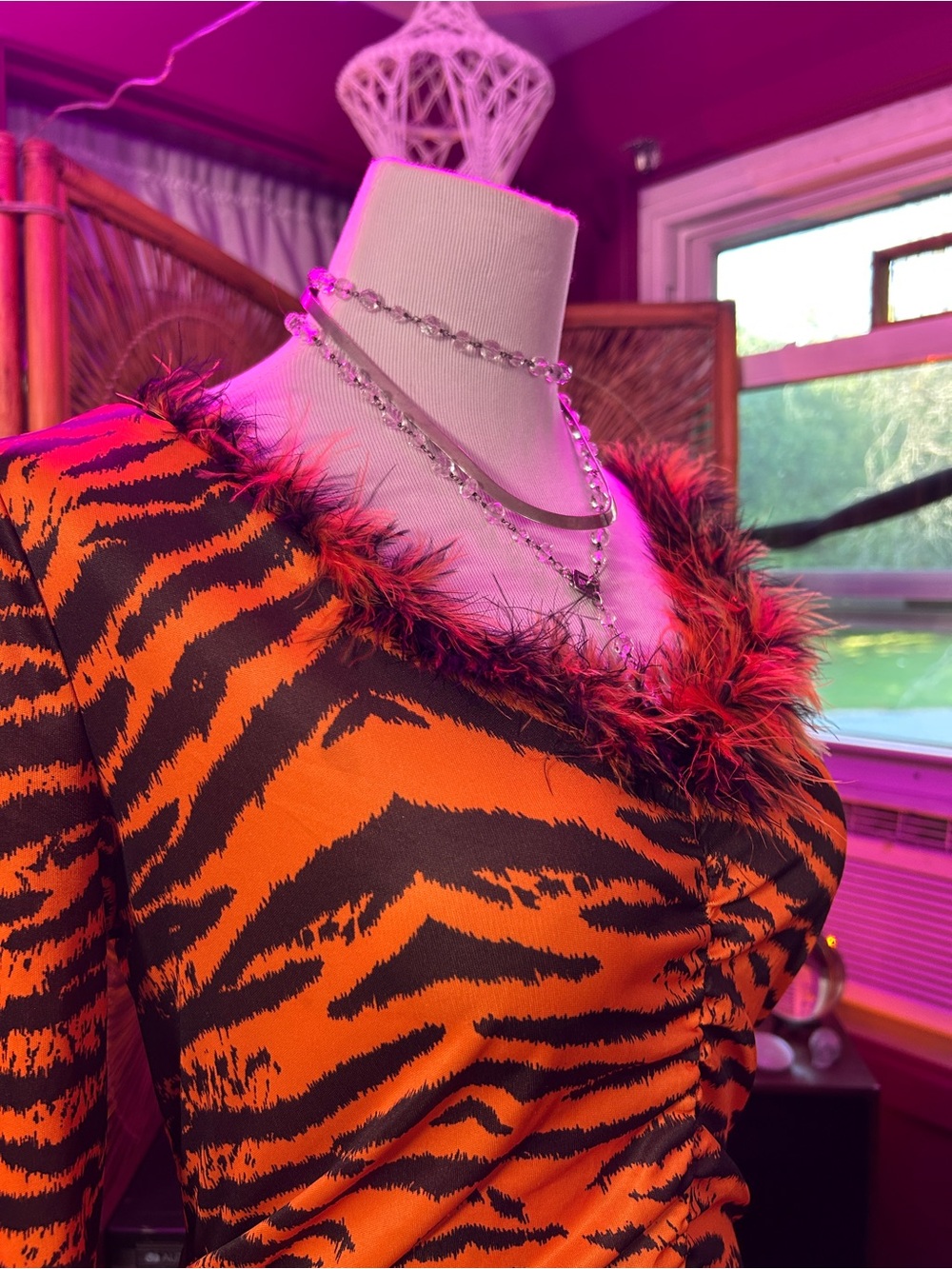 Vintage 70s Orange and Black Tiger-Stripe Midi Dress with Feather Trim - Picture 4 of 5